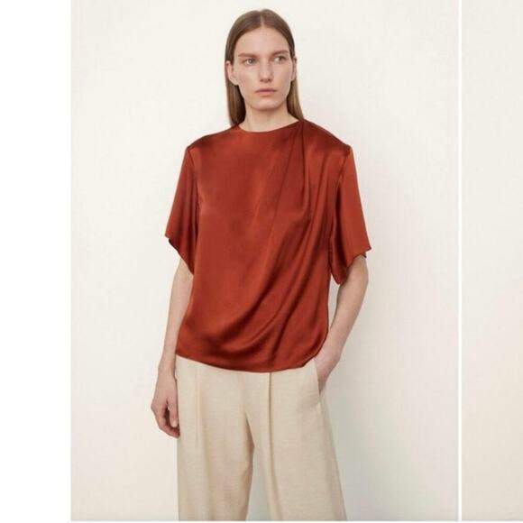 Vince Silk Flutter Sleeve Draped Neck Blouse Short Sleeve Rust Amber XS/ XXS NWT - Picture 1 of 13